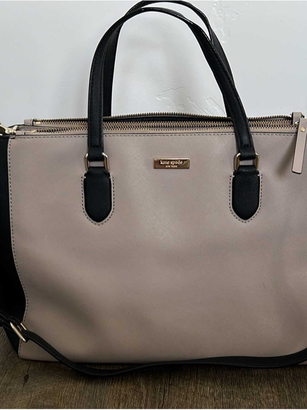 kate spade New York Taupe blush Black Saffiano Leather Satchel compartment purse